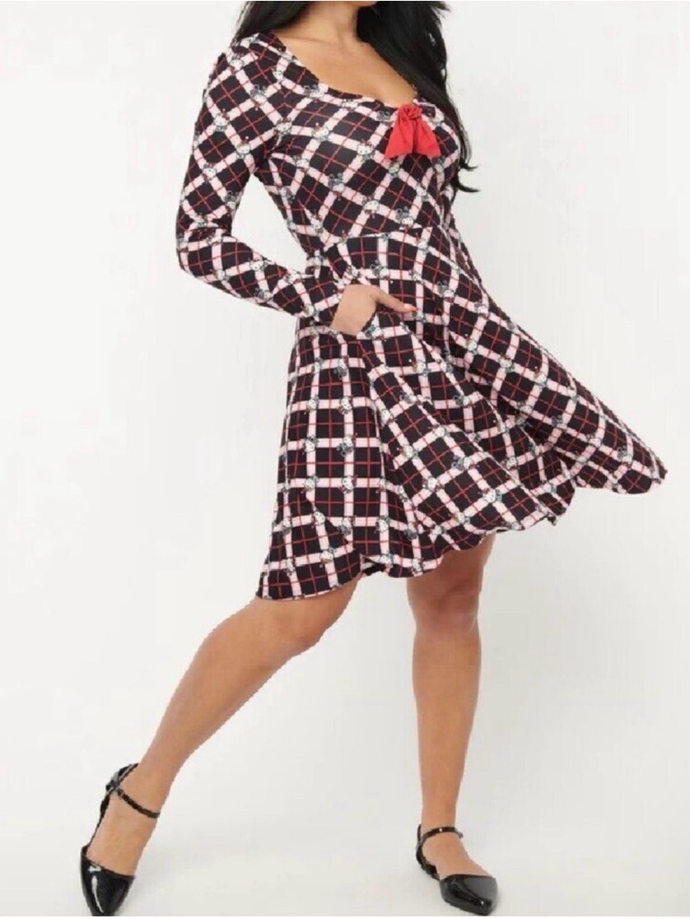 Unique Vintage hello kitty swing Fit-and-Flare Dress with Red Bow medium 6-8 nwt